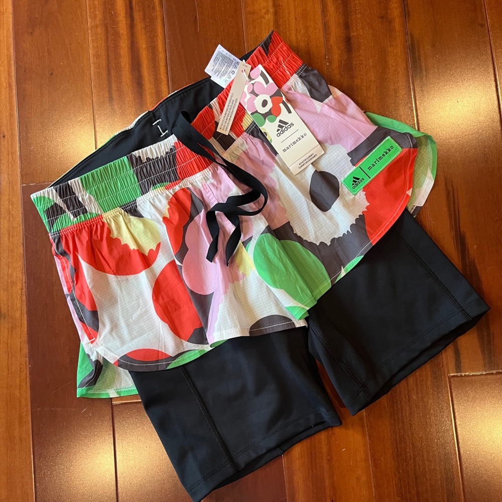Adidas Marimekko Athletic Shorts Run Liner Black Floral‎ Flower Active New XS